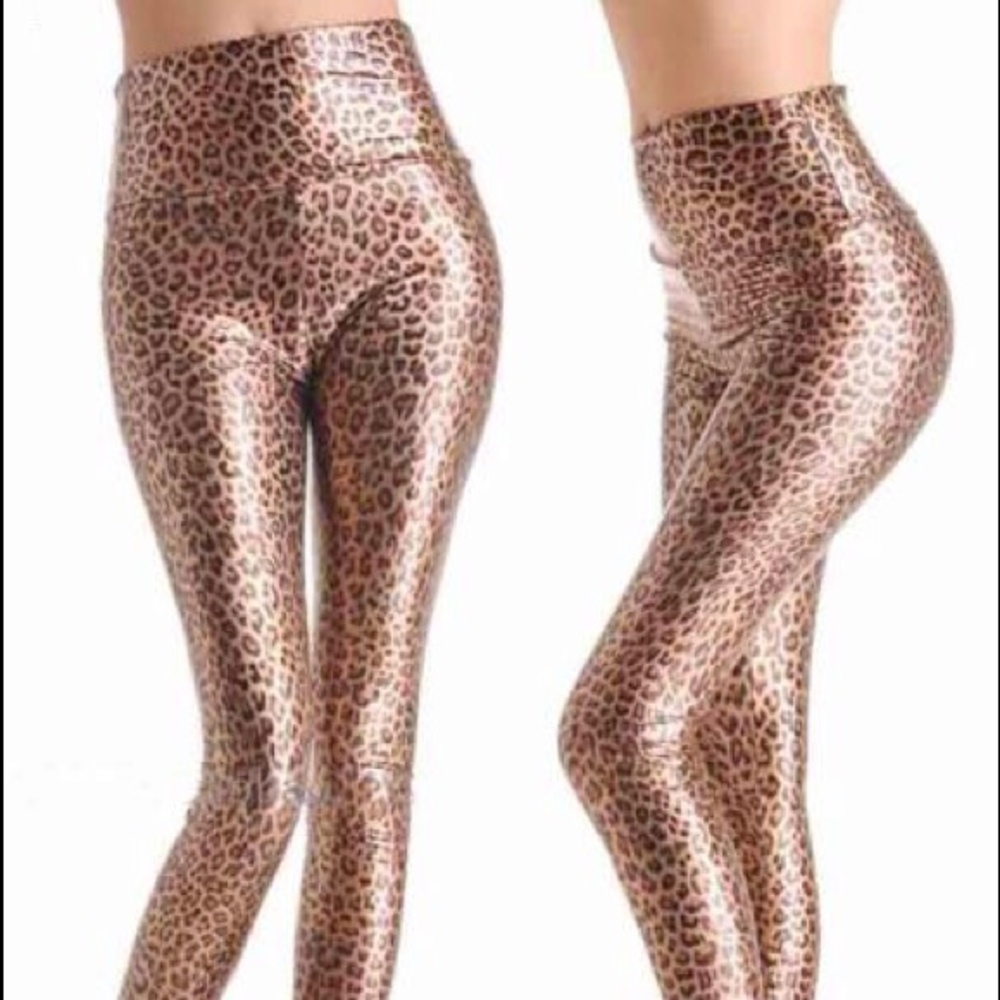 Black Leopard Print Foil Wet Look Leggings